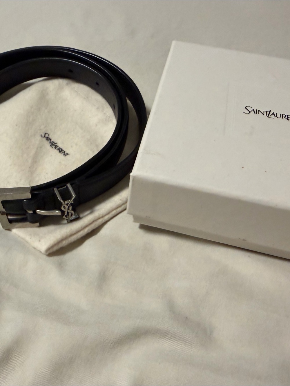 Saint Laurent YSL Cassandre Black Leather Belt Silver Hardware